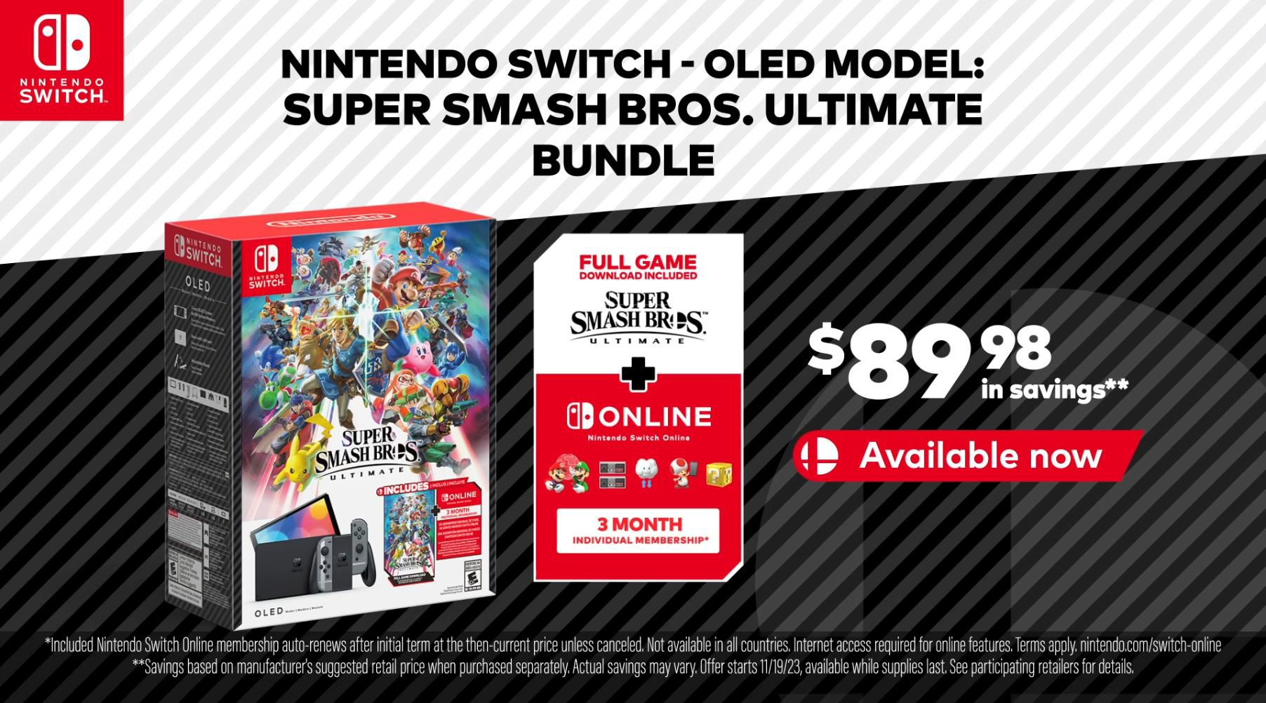 Nintendo Switch OLED Model Bundle: Super Smash Bros. Ultimate with 3-Month  Online Membership